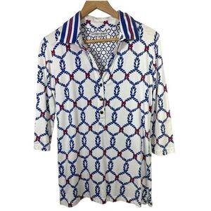 BARBARA GERWIT Women’s Nautical Inspired 3/4 Sleeve Polo Top White Size Small